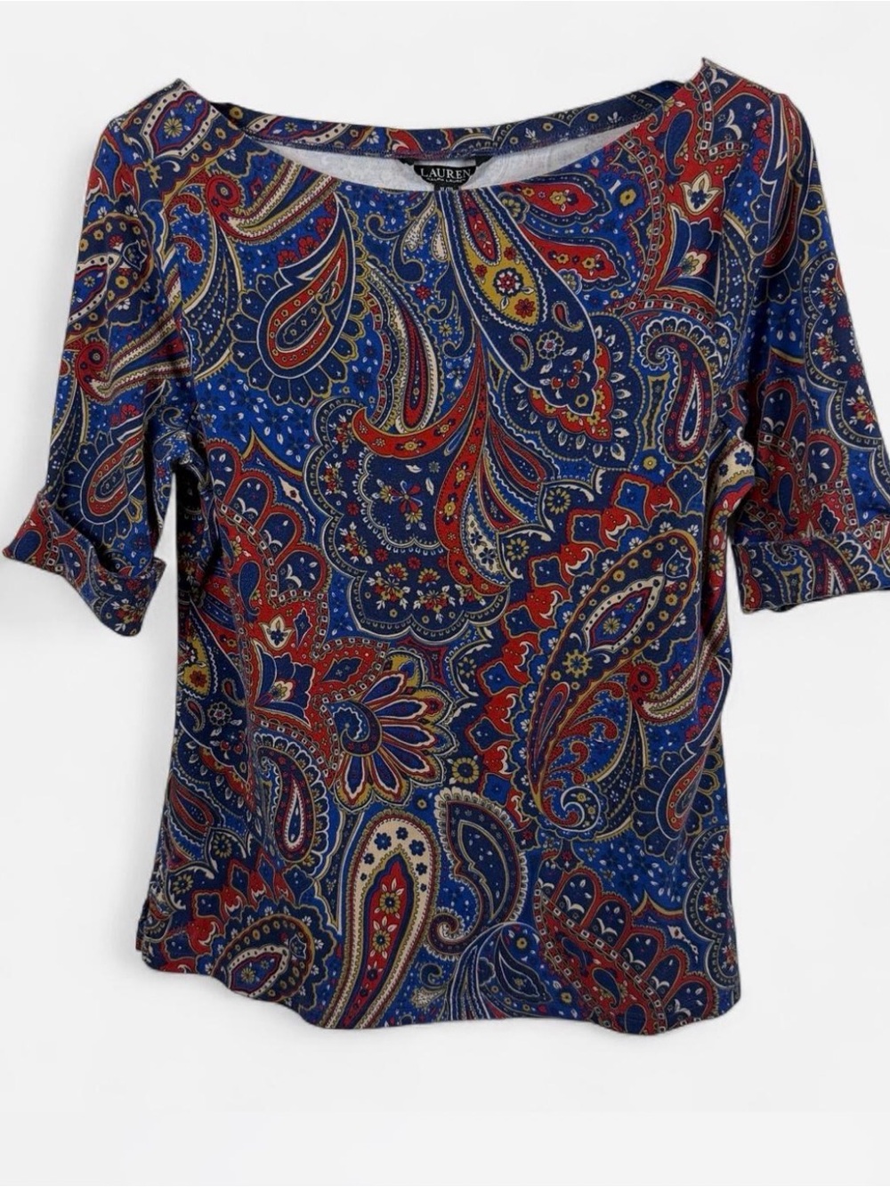 Ralph Lauren Blue Red Paisley Scoop Neck Short Sleeve Top